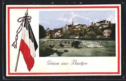 AK Bautzen, Flusspartie mit Blick zum Ort