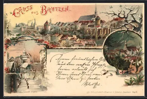 Lithographie Bautzen, Ortspartien und Totalansicht über die Dächer