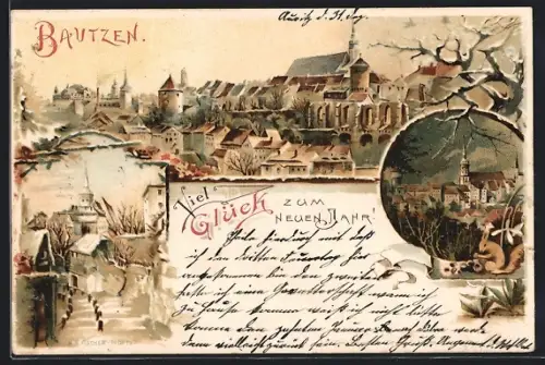 Winter-Lithographie Bautzen, Fischer Pforte, Totalansicht aus der Vogelschau