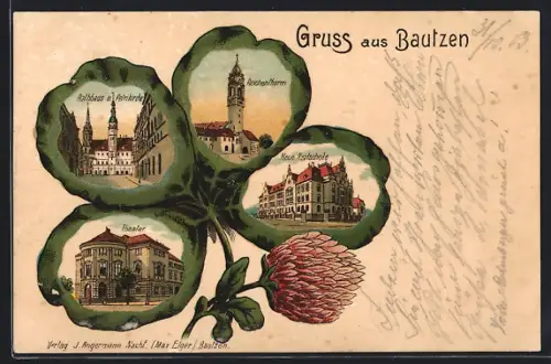 Passepartout-Lithographie Bautzen, Reichenthurm, Neue Realschule, Kleeblatt