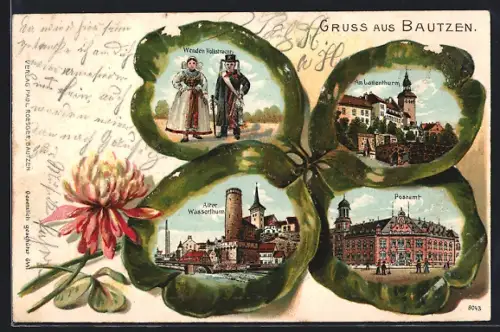 Passepartout-Lithographie Bautzen, Postamt, Alter Wasserturm, Partie am Lauenturm, Wenden in Tracht, Kleeblatt