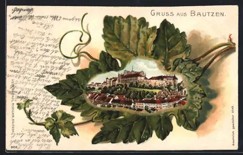 Passepartout-Lithographie Bautzen, Ortspanorama im Blatt-Passepartout