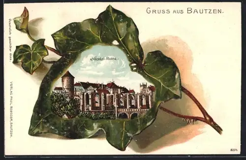 Passepartout-Lithographie Bautzen, Nicolai-Ruine im Eichenblatt-Passepartout