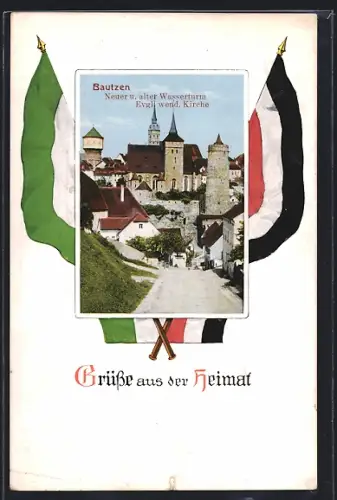 AK Bautzen, neuer & alter Wasserturm, Evangl. wend. Kirche, Fahnen