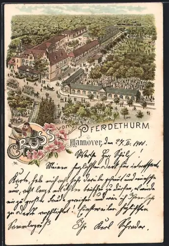Lithographie Hannover, Gasthaus Pferdethurm aus der Vogelschau
