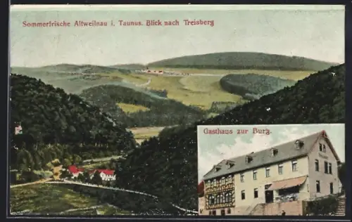 AK Altweilnau i. Taunus, Gasthaus zur Burg, Ortsansicht mit Blick nach Treisberg