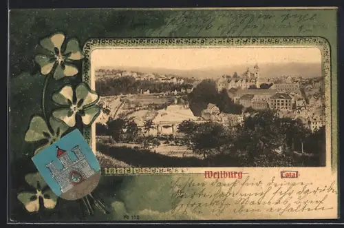 Passepartout-Lithographie Weilburg, Ortsansicht im Passepartout, Wappen der Stadt