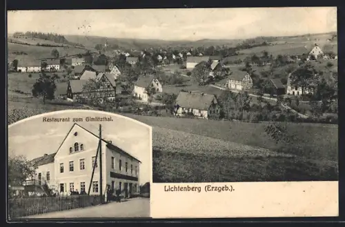 AK Lichtenberg /Erzgeb., Restaurant zum Gimlitzthal, Ortsansicht vom Berghang aus