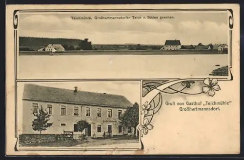 AK Grosshartmannsdorf, Gasthof Teichmühle mit Ortsansicht