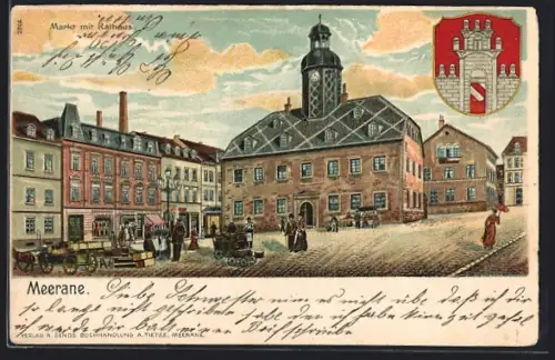 Lithographie Meerane, Markt mit Rathaus, Wappen