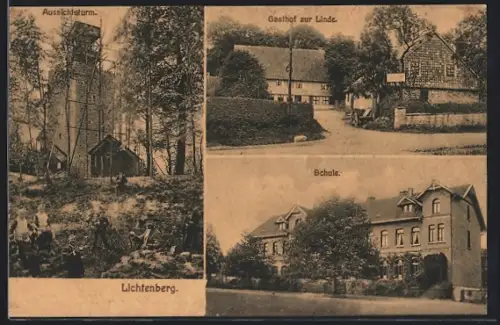 AK Lichtenberg / Br., Gasthof zur Linde, Schule, Aussichtsturm