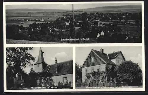 AK Baddeckenstedt, Kolonialwarenhandlung Herm. Bleckmann, Kriegerdenkmal, Kirche