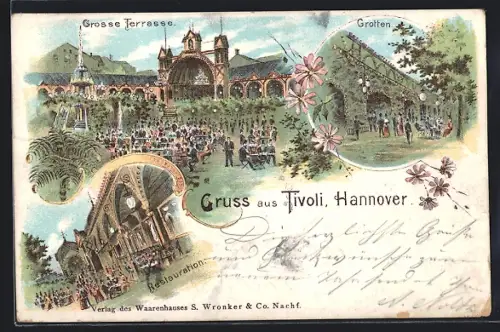 Lithographie Hannover, Gasthaus Tivoli mit Grotten und grosser Terrasse