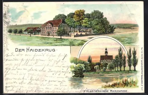 Lithographie Hildesheim, Gasthaus Haidekrug, Klosterkirche Marienrode