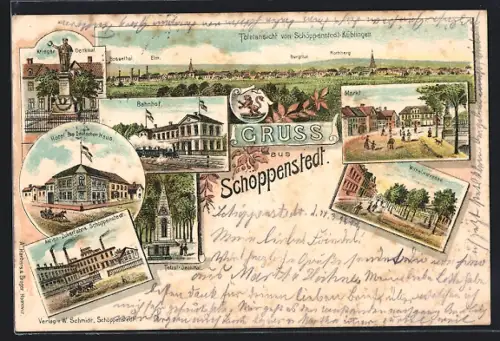 Lithographie Schöppenstedt, Hotel zum Deutschen Haus, Bahnhof, Zuckerfabrik, Wilhelmstrasse, Markt