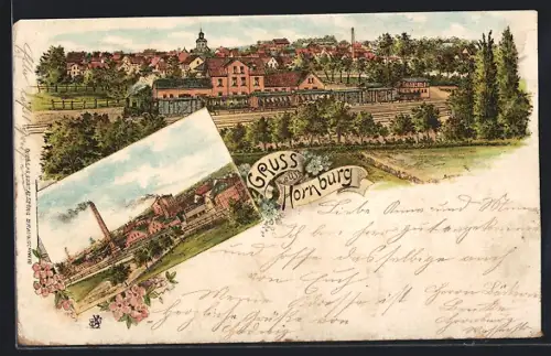 Lithographie Hornburg / Wolfenbüttel, Ortsansicht mit Bahnhof, Gleisanlagen und Zug, Fabrik