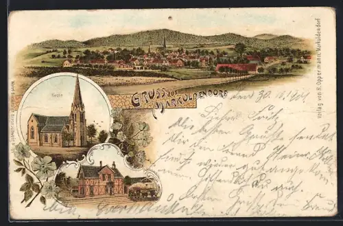 Lithographie Markoldendorf, Bahnhof, Kirche, Totalansicht