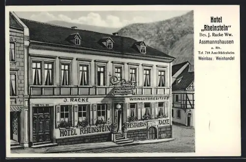 AK Assmannshausen a. Rh., Hotel Rheinstein, Bes. J. Racke Ww.
