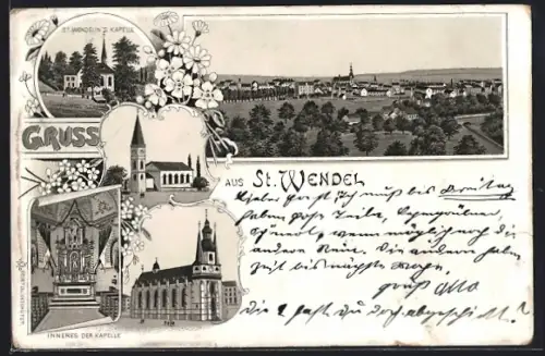 Lithographie St. Wendel, St. Wendelins Kapelle, Inneres der Kapelle, Ortsansicht