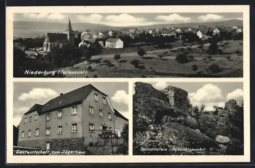 AK Niederburg a. Rh., Gasthaus zum Jägerhaus, Ortsansicht, Spitzenstein