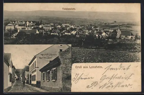 AK Lonsheim, Gasthaus von Karl Hilsdorf, Totalansicht der Ortschaft
