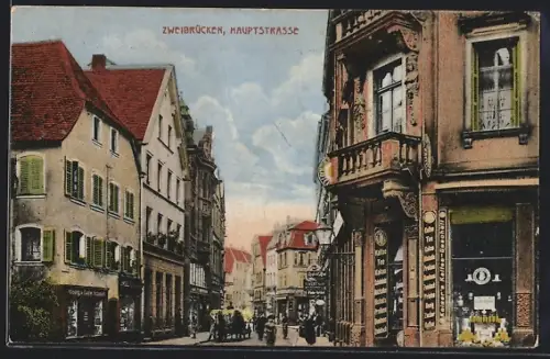 AK Zweibrücken, Hauptstrasse mit Geschäft von Georg u. Ludwig Schmidt