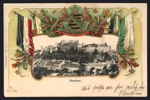 Passepartout-Lithographie Bautzen, Teilansicht mit Festung, Wappen und Fahnen