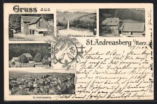 AK St. Andreasberg i. Harz, Gasthaus Königshof, Rehbergergrabenhaus, Schlutt, Fontaine