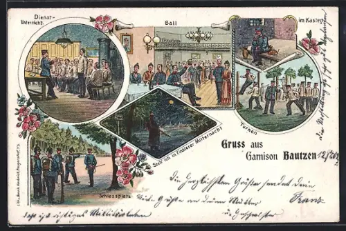 Lithographie Bautzen, Gruss aus der Garnison, Dienst-Unterricht, Schiessplatz, Turnen und Ball
