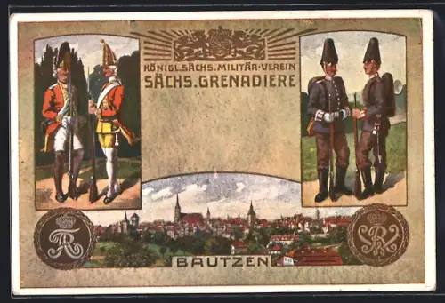 Künstler-AK Bautzen, Königl. Sächs. Militär-Verein Sächs. Grenadiere, Historische Uniformen, Totalansicht