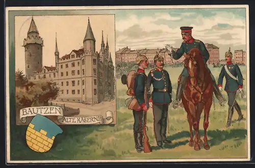 Lithographie Bautzen, Soldaten an der alten Kaserne