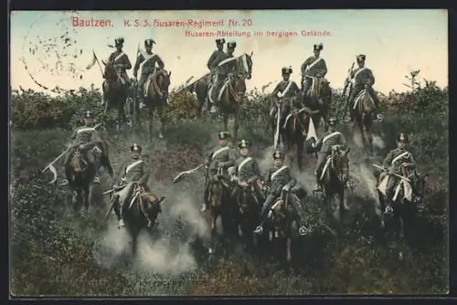 AK Bautzen, K. S. 3. Husaren-Regiment Nr. 20, Husaren-Abteilung im bergigen Gelände