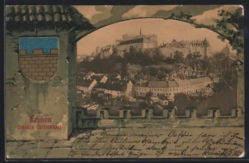 Passepartout-Lithographie Bautzen, Schloss Ortenburg, Burgmauer mit Wappen