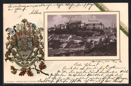 Passepartout-Lithographie Bautzen, Teilansicht, Wappen mit Eichenzweig