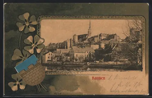 Passepartout-AK Bautzen, Teilansicht mit Wappen