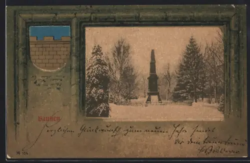 Passepartout-Lithographie Bautzen, Denkmal im Schnee, Mauer mit Wappen