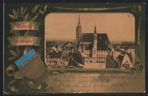 Passepartout-Lithographie Bautzen, Blick auf den Hauptmarkt, Wappen