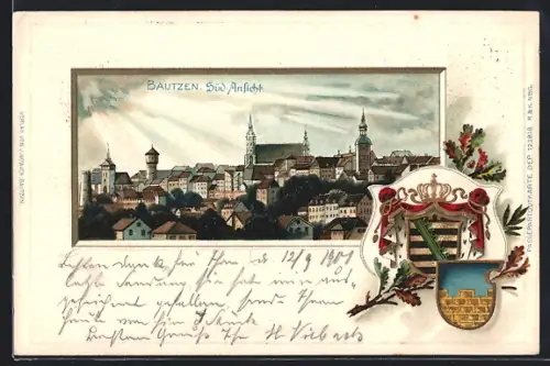 Passepartout-Lithographie Bautzen, Süd-Ansicht, Wappen mit Eichenlaub