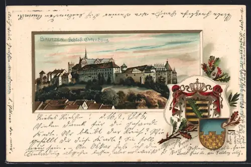 Passepartout-Lithographie Bautzen, Schloss Ortenburg, geprägter Rahmen mit Wappen