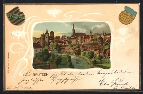 Passepartout-Lithographie Bautzen, Teilansicht mit Kirche, Wappen