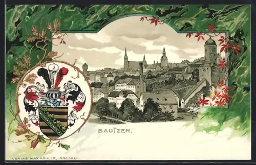 Passepartout-Lithographie Bautzen, Gesamtansicht und Wappen