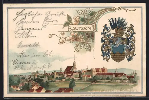 Passepartout-Lithographie Bautzen, Teilansicht von der Nordseite, Wappen