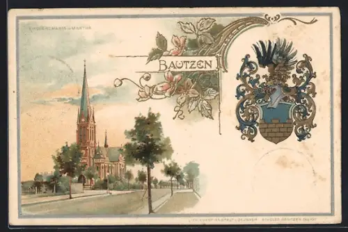 Passepartout-Lithographie Bautzen, Kirche St. Maria und Martha, Wappen