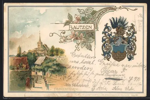 Passepartout-Lithographie Bautzen, Fischerpforte, Wappen und Blumen