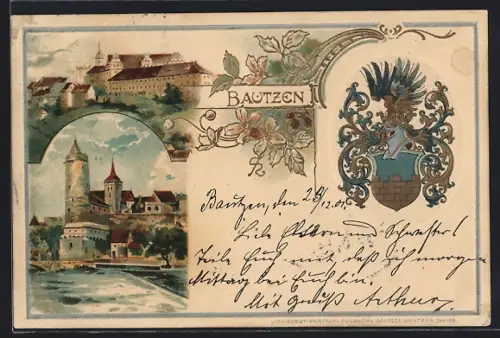 Präge-Passepartout-Lithographie Bautzen, Festung und Flusspartie, Wappen und Blüten