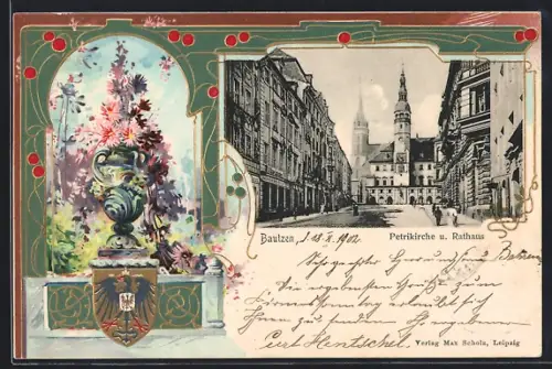 Passepartout-Lithographie Bautzen, Petrikirche und Rathaus