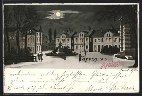 Lithographie Aalen, Ortspartie mit Schubart-Denkmal