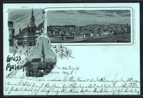 Mondschein-Lithographie Aalen, Rathaus, Kath. Kirche und Totalansicht