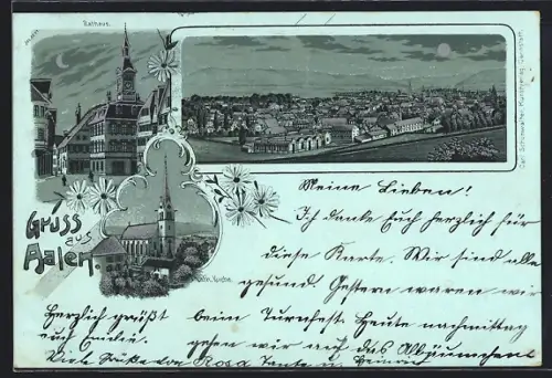 Mondschein-Lithographie Aalen, Kath. Kirche, Rathaus und Totalansicht