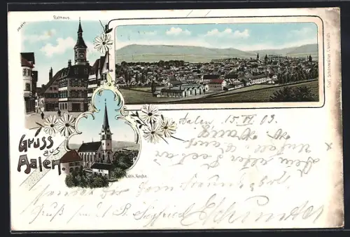 Lithographie Aalen, Rathaus, Kirche und Totalansicht